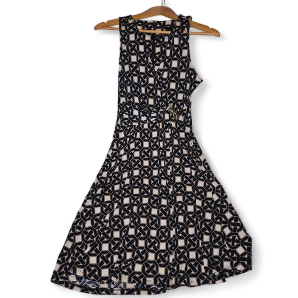 New York & Company Elegant Black and White Geometric Midi Wrap Top Dress Size XS